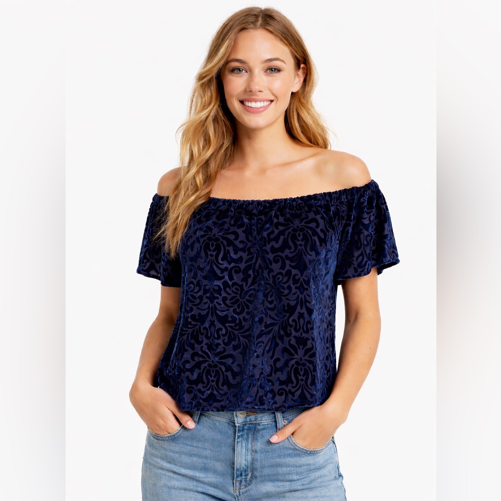 Hollister Midnight Blue Velvet Burnout Off Shoulder Peasant Blouse Nwt Medium